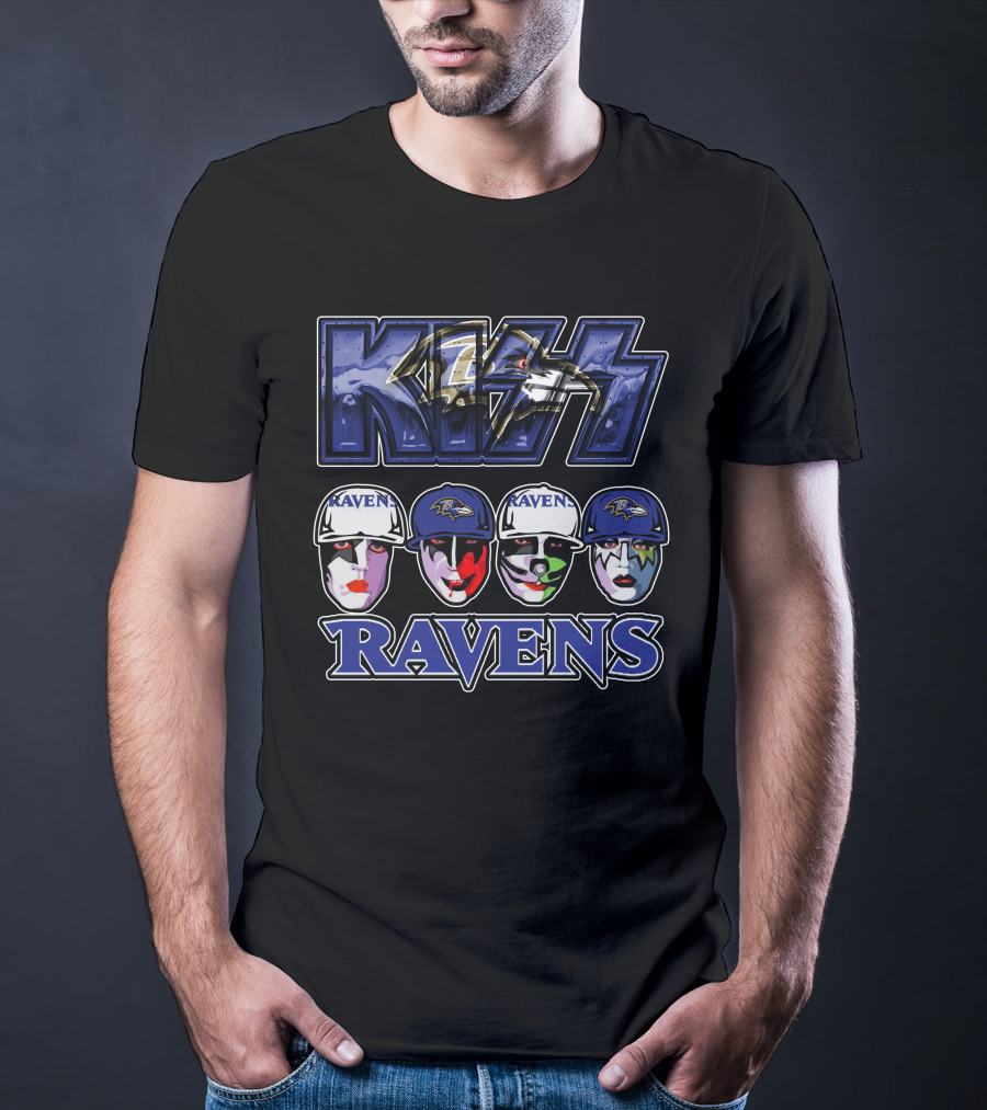 Kiss Baltimore Ravens Faces With Logo And Raven Helmets T-Shirt
