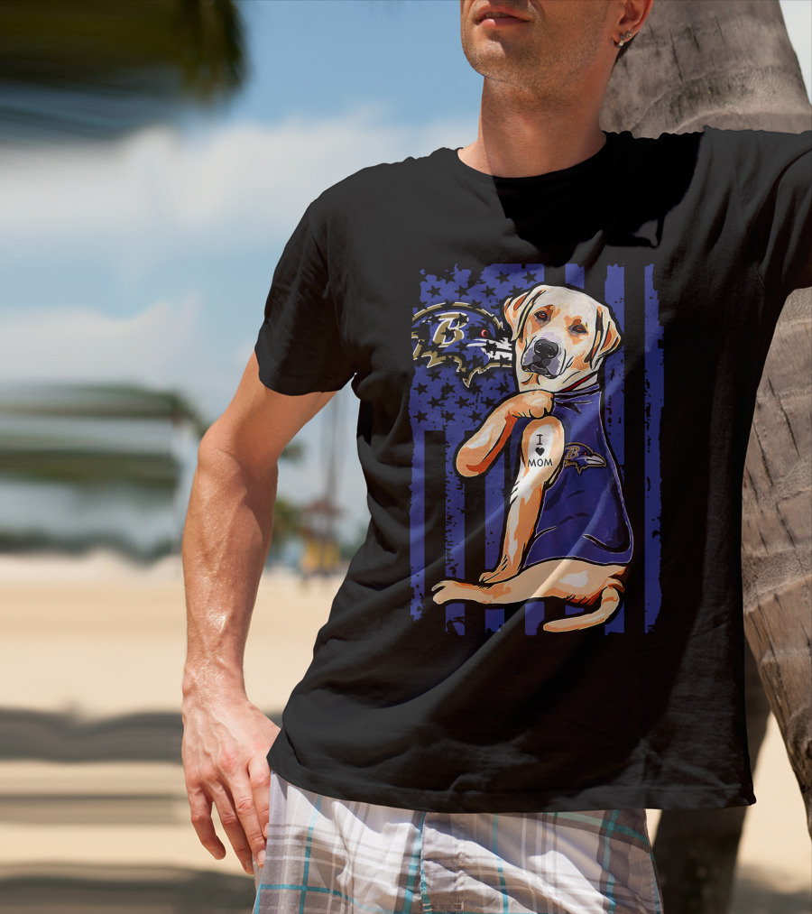 Labrador Retriever In Baltimore Ravens Jersey With I Love Mom Tattoo T-Shirt