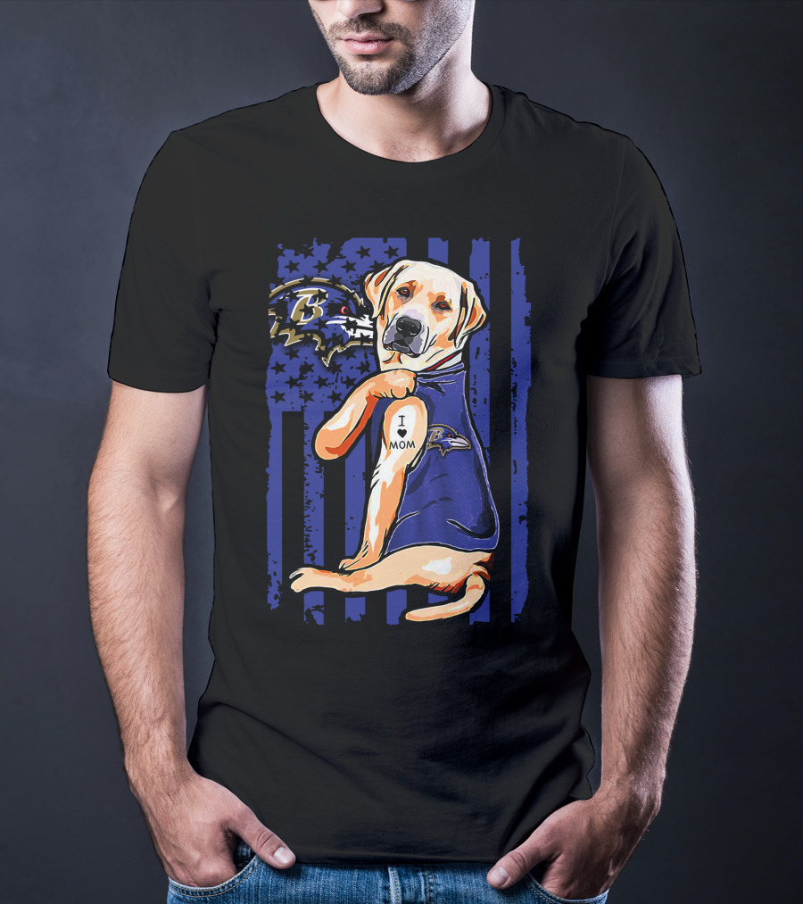 Labrador Retriever In Baltimore Ravens Jersey With I Love Mom Tattoo T-Shirt