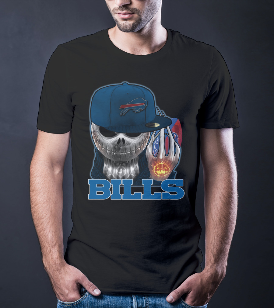 Buffalo Bills Halloween Skull With Pumpkin And Cap T-Shirt