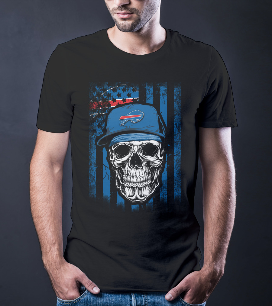 Buffalo Bills Skull With Cap American Flag Background T-Shirt