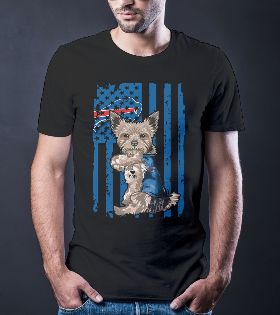 Yorkshire Terrier With I Love Mom Vest And Buffalo Bills Logo On American Flag Background T-Shirt