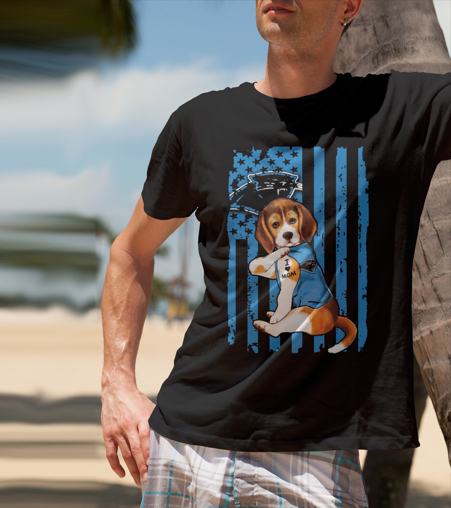 Beagle Carolina Panthers I Love Mom Tattoo American Flag T-Shirt