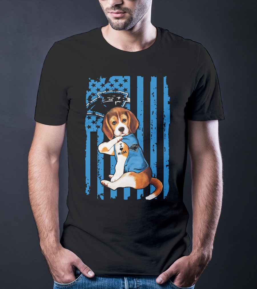 Beagle Carolina Panthers I Love Mom Tattoo American Flag T-Shirt