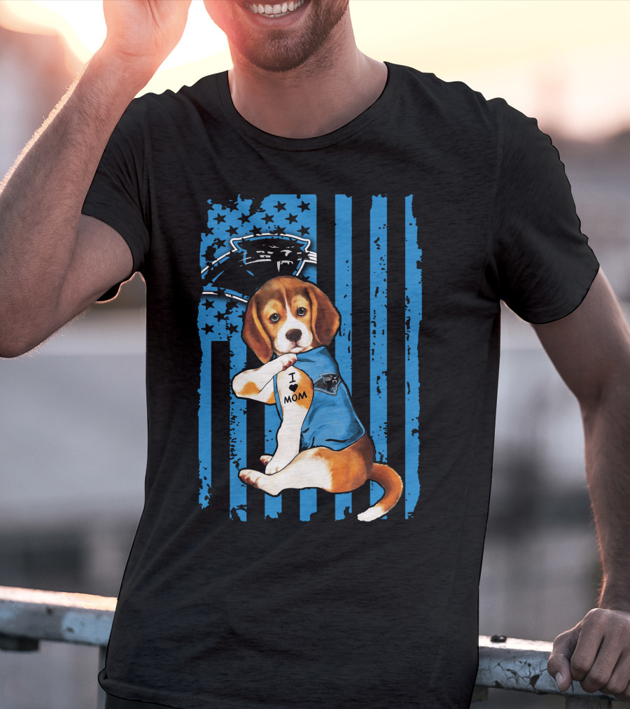 Beagle Carolina Panthers I Love Mom Tattoo American Flag T-Shirt