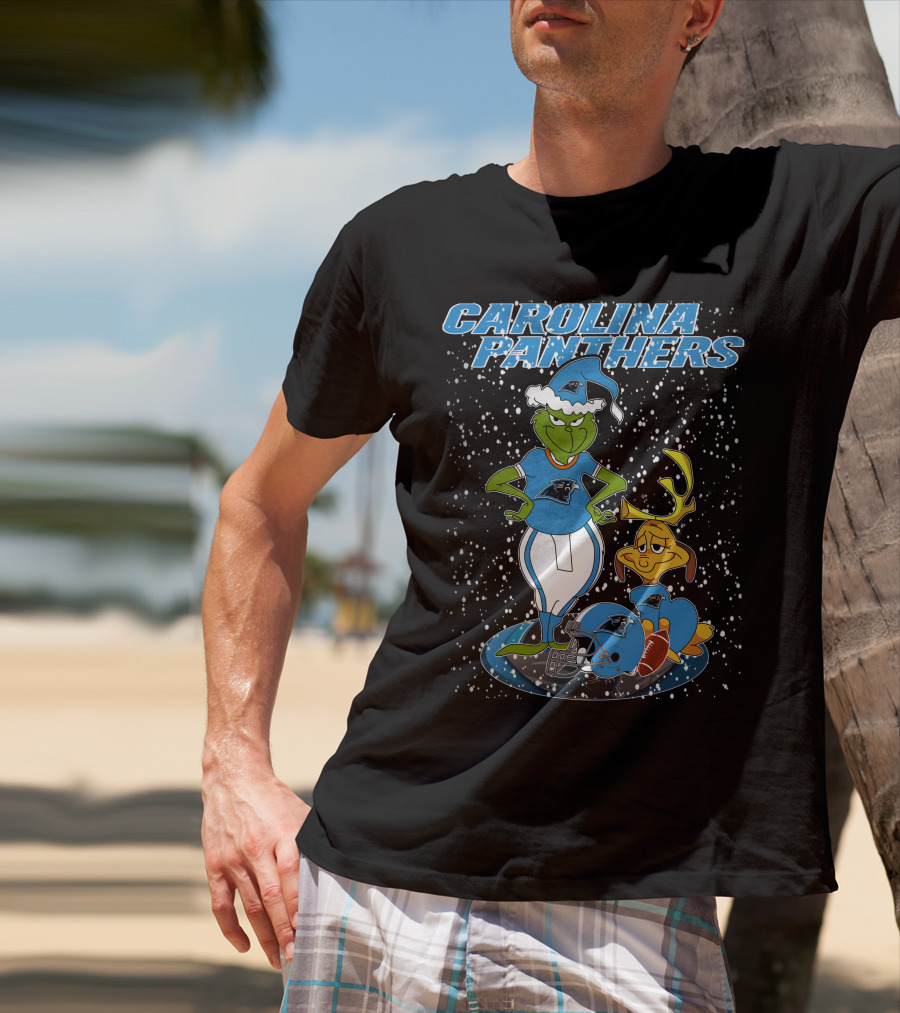 CAROLINA PANTHERS Grinch Christmas Snow Scene With Grinch And Max T-Shirt