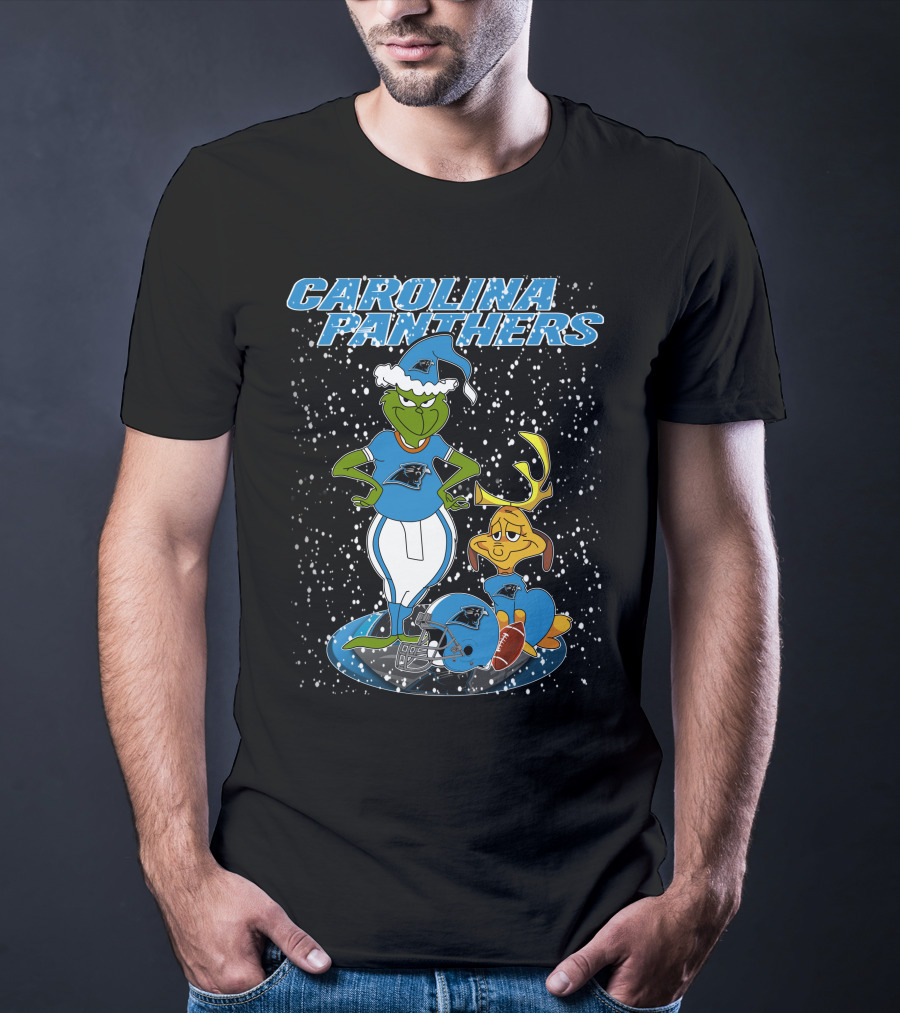 CAROLINA PANTHERS Grinch Christmas Snow Scene With Grinch And Max T-Shirt
