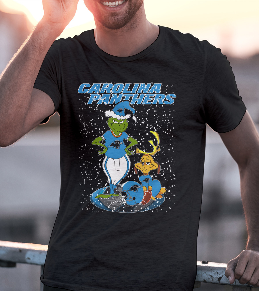 CAROLINA PANTHERS Grinch Christmas Snow Scene With Grinch And Max T-Shirt