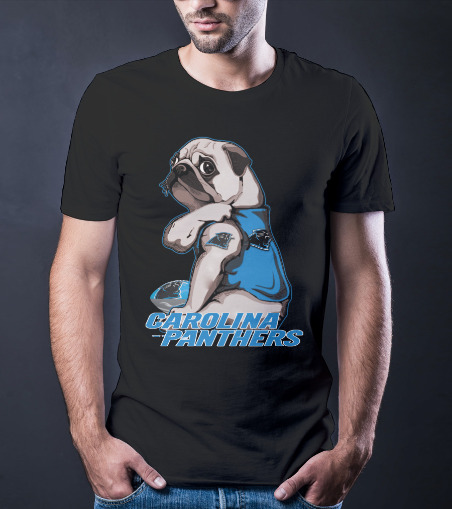 Pug Wearing Carolina Panthers Jersey With Football And Team T-Shirt