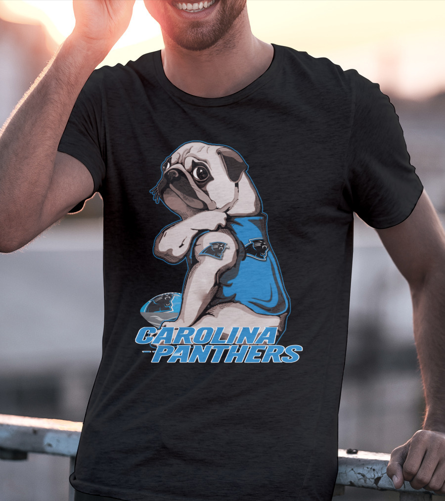 Pug Wearing Carolina Panthers Jersey With Football And Team T-Shirt