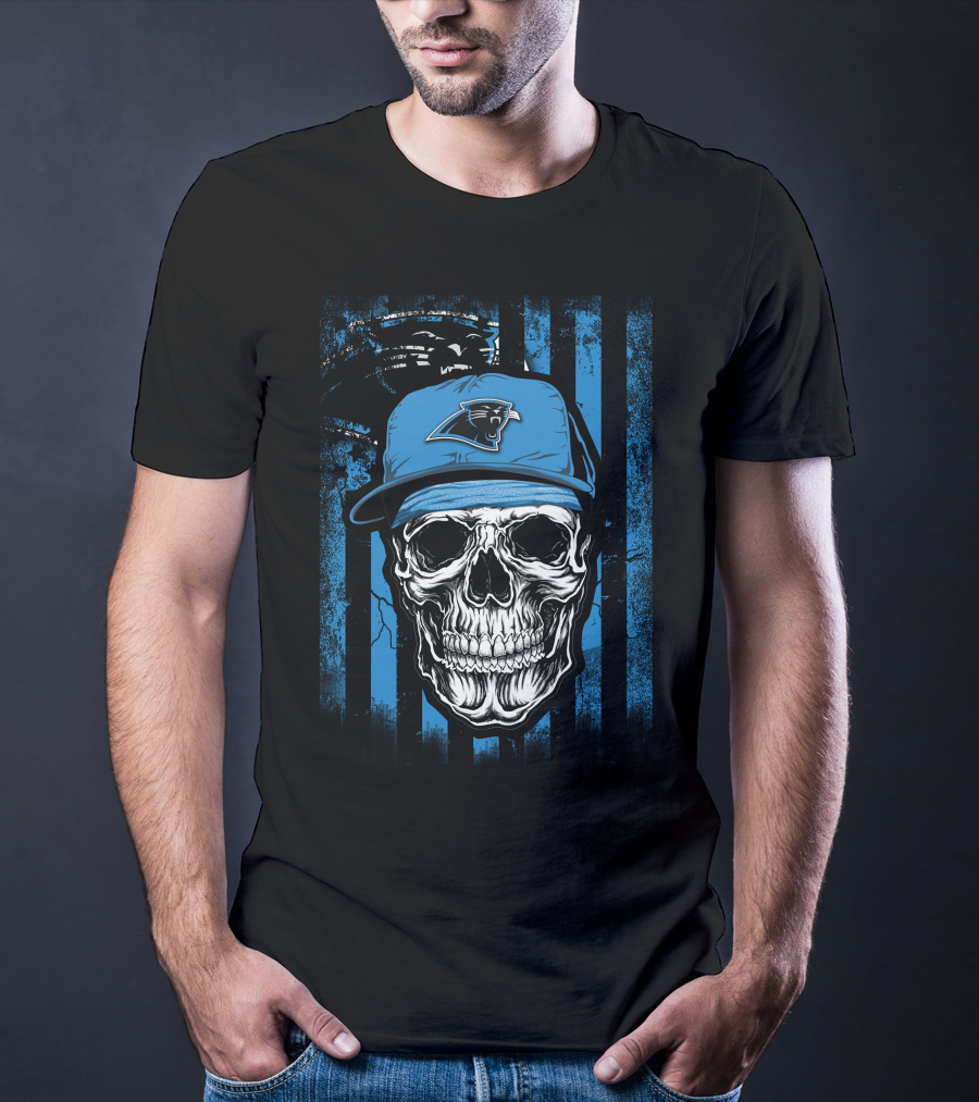 Skull Wearing Carolina Panthers Hat With Blue And Black Stripes T-Shirt