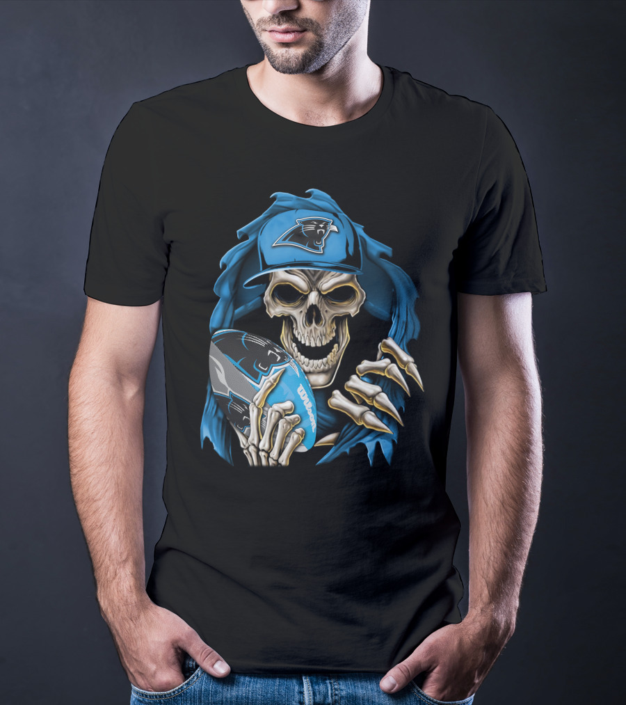 Skullbong Carolina Panthers Football Skeleton With Cap And Ball T-Shirt
