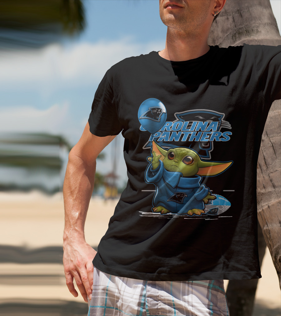 Yoda With Carolina Panthers NFL Logo And Football T-Shirt