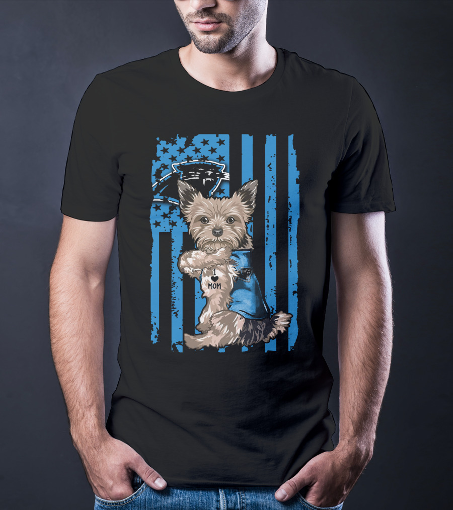 Yorkshire Terrier I Love Mom With Carolina Panthers Flag T-Shirt