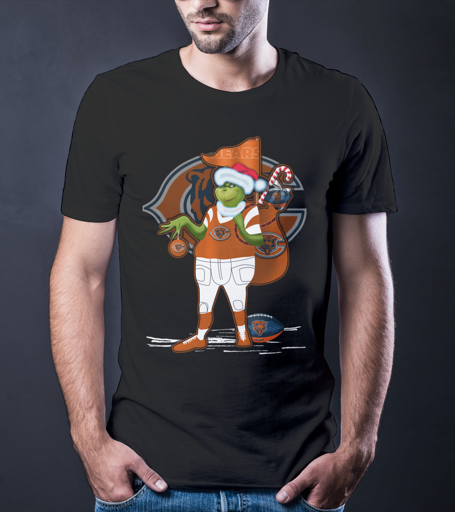 Grinchxmas Chicago Bears Santa Hat Candy Cane Football Sack T-Shirt