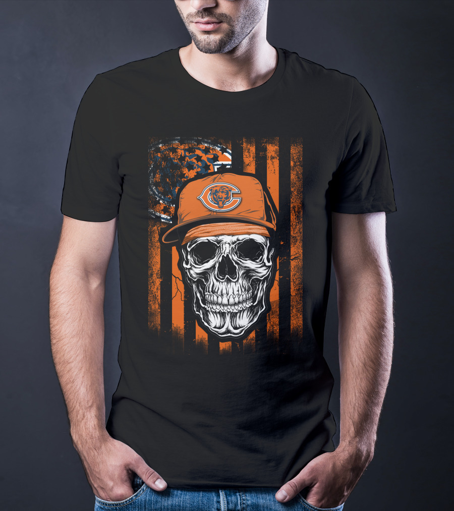 Skull Wearing Chicago Bears Cap With Orange Stripes And Logo Background T-Shirt