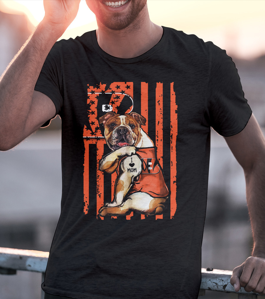 Bulldog Cincinnati Bengals I Love Mom Stripes T-Shirt
