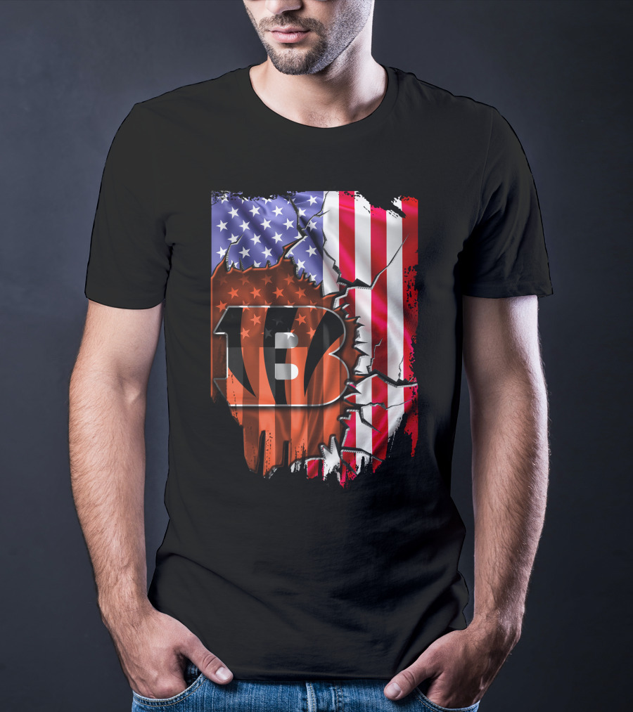Bengals Stripes And American Flag Cincinnati Bengals 13 T-Shirt