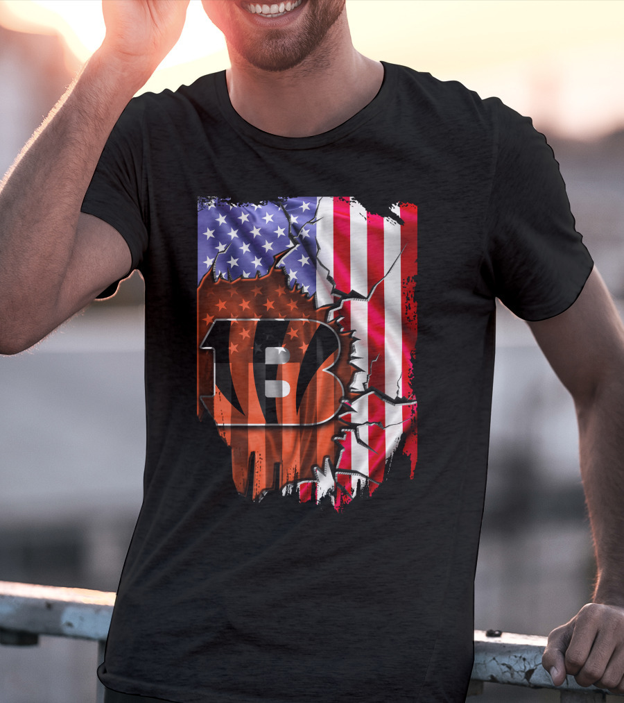 Bengals Stripes And American Flag Cincinnati Bengals 13 T-Shirt