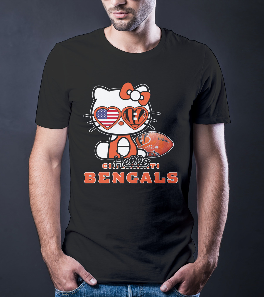 Hello Kitty Cincinnati Bengals Football Heart Glasses USA Flag T-Shirt