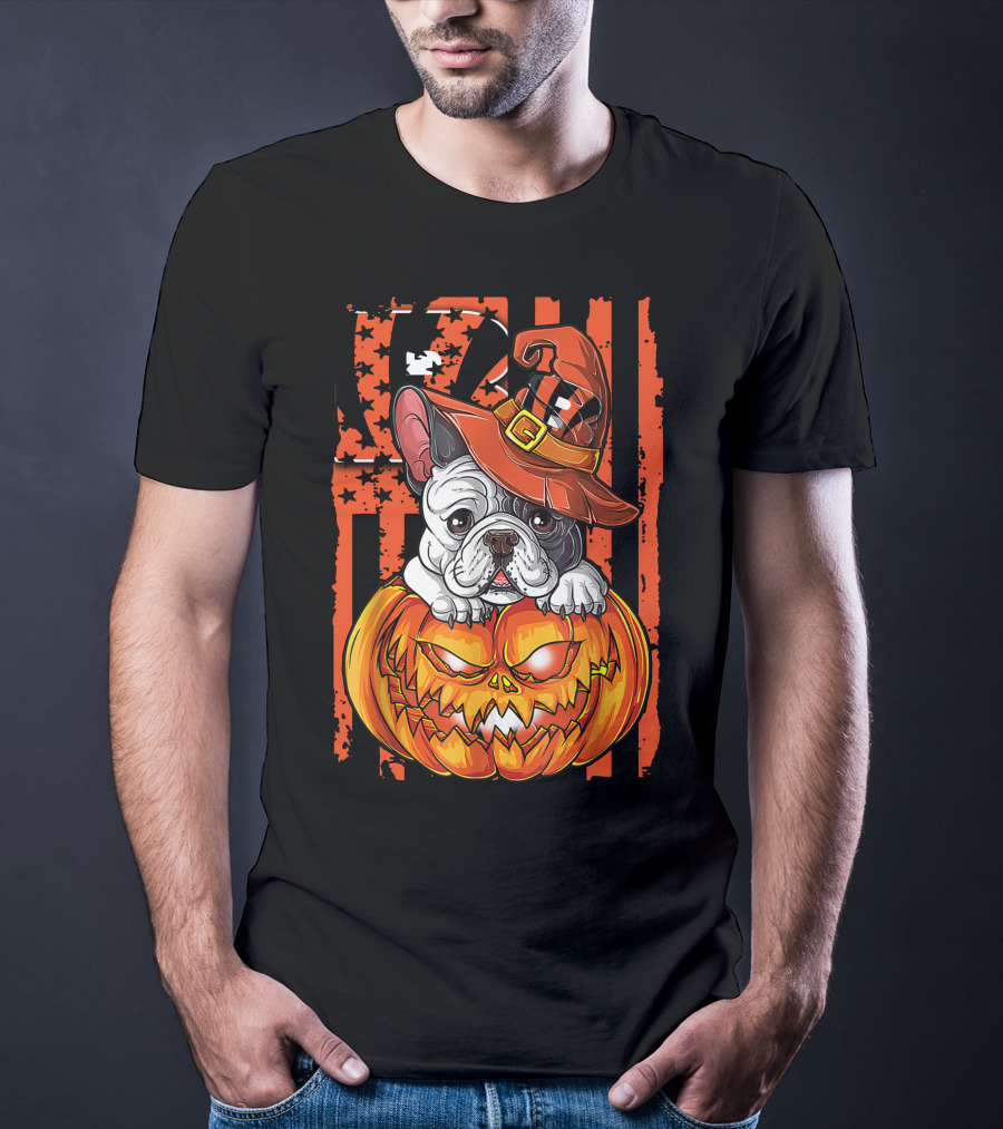 Hlw Bulldog Cincinnati Bengals Halloween Pumpkin Hat Black Orange Stars Stripes T-Shirt
