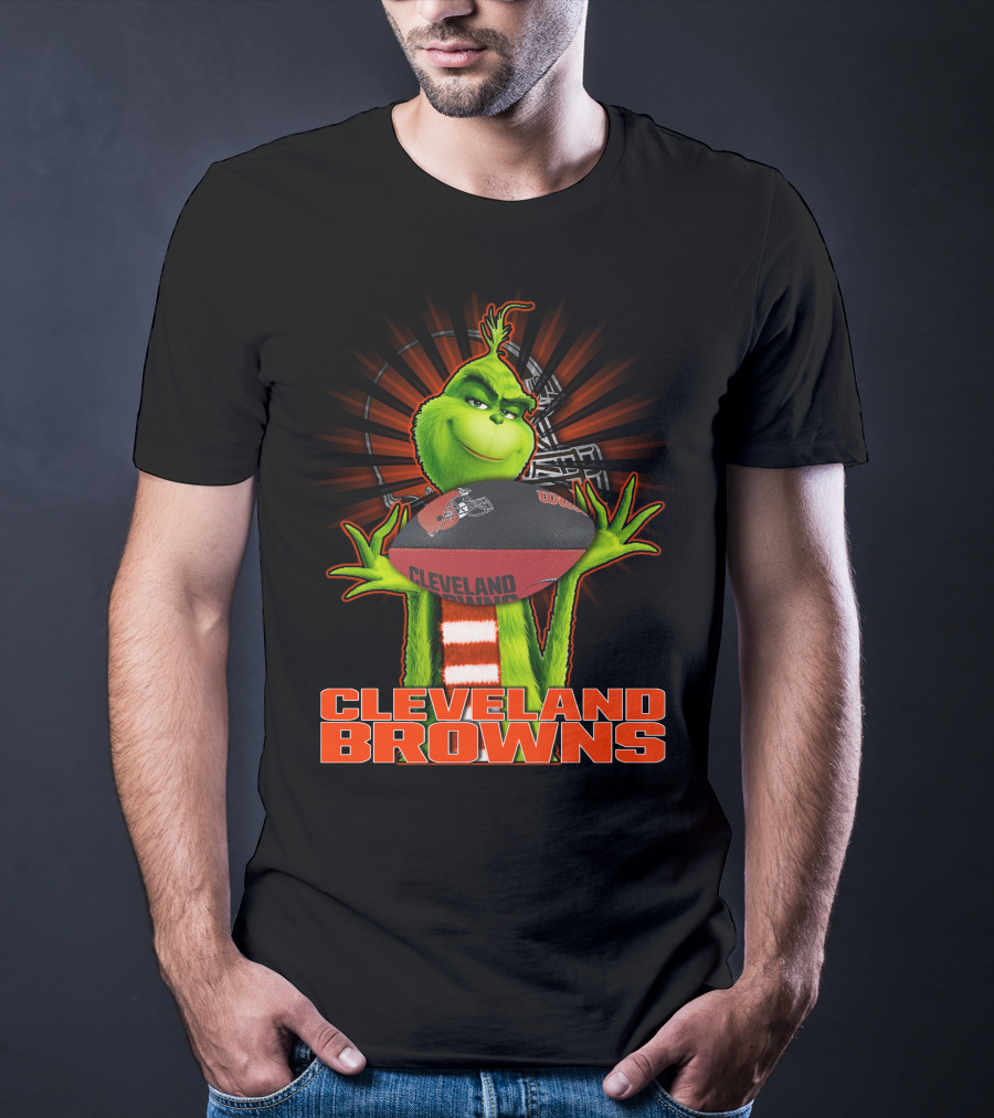 Grinch Holding Cleveland Browns Football Emblem T-Shirt