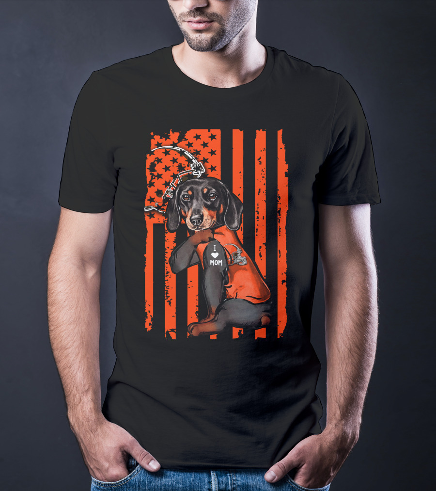 Dachshund I Love Mom Cleveland Browns Pawprint And Helmet Icon Orange USA Flag T-Shirt