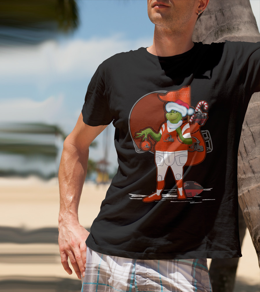 Grinchxmas Cleveland Browns Festive Football Santa With Helmet And Candy Cane T-Shirt