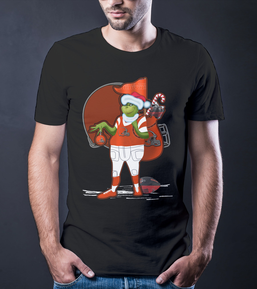 Grinchxmas Cleveland Browns Festive Football Santa With Helmet And Candy Cane T-Shirt