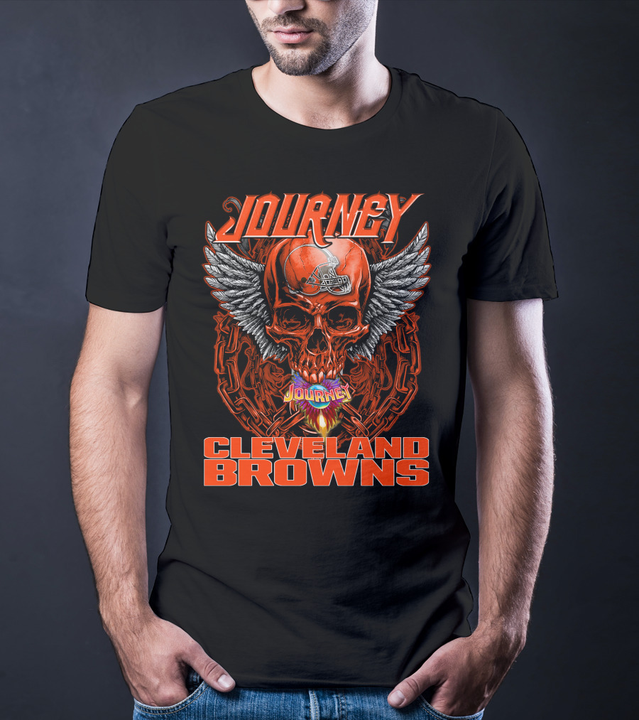 JOURNEY CLEVELAND BROWNS Winged Skull Helmet Flame Chains T-Shirt