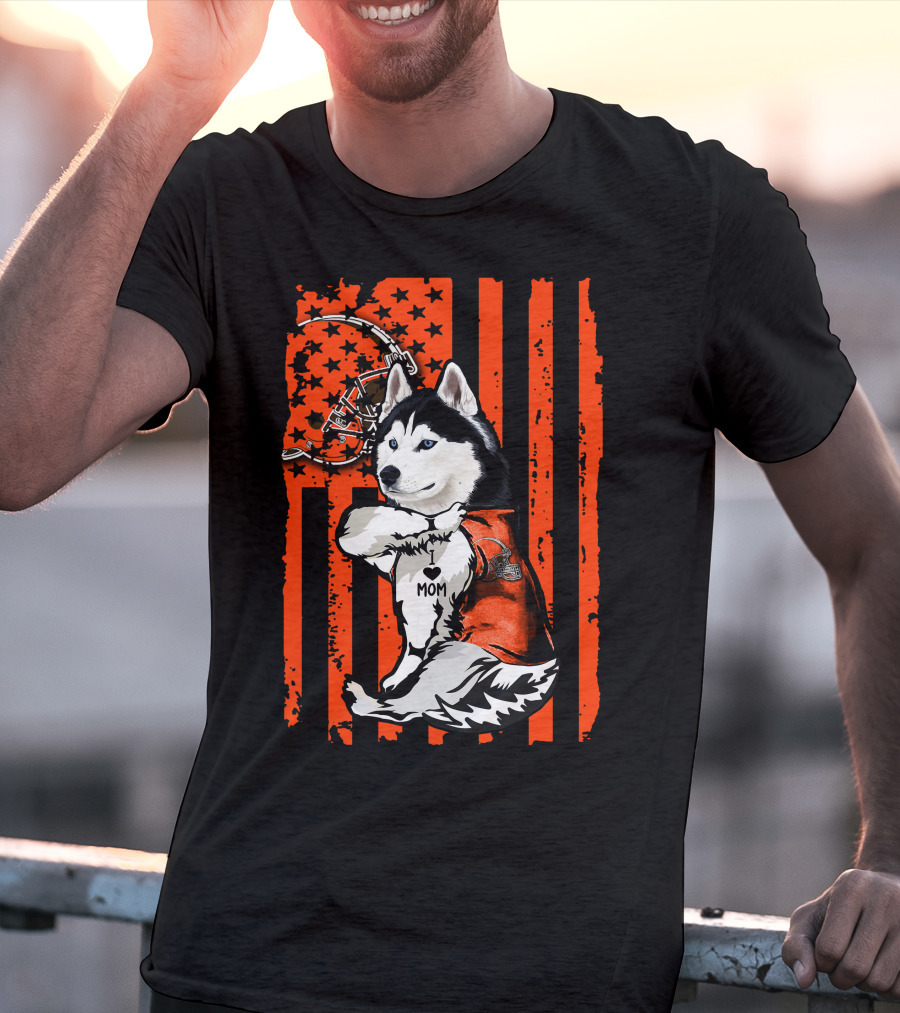 Siberian Husky With Football Helmet And Orange Flag Cleveland Browns T-Shirt