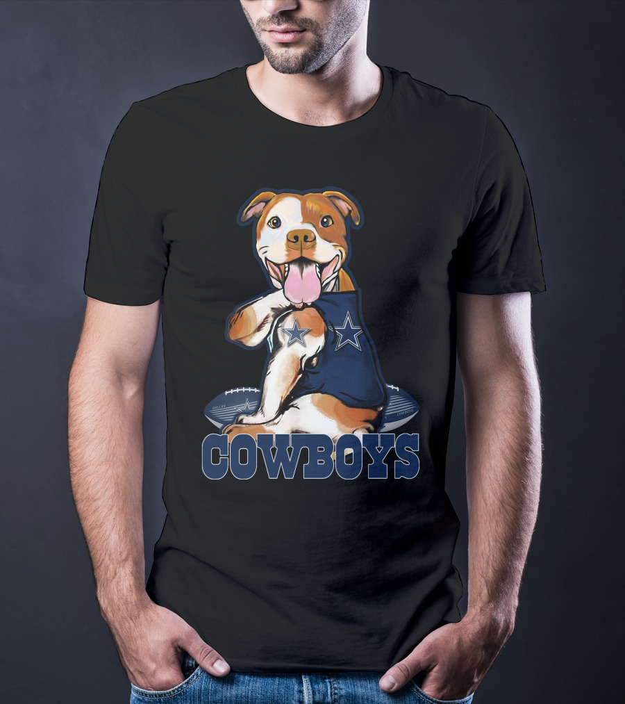 Pittbull Wearing Dallas Cowboys Jersey With Football And Star T-Shirt