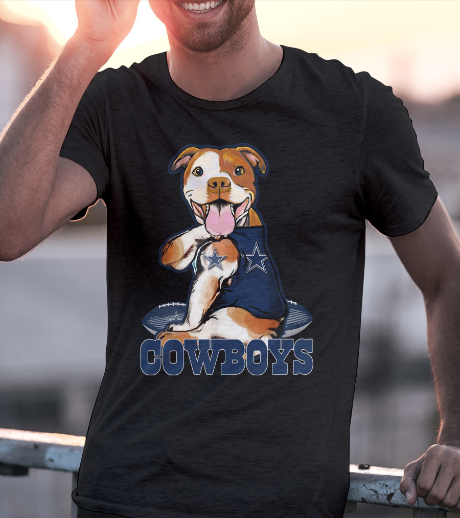 Pittbull Wearing Dallas Cowboys Jersey With Football And Star T-Shirt