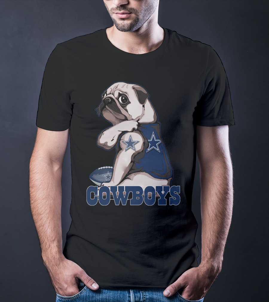Pug Wearing Dallas Cowboys Jersey With Stars And Football T-Shirt