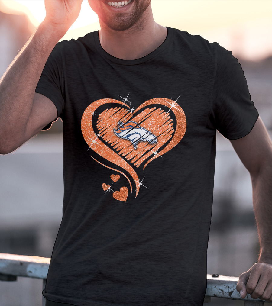 Heart Diamond Denver Broncos Sparkling Orange Emblem T-Shirt