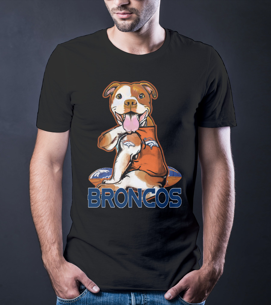 Pittbull Wearing Denver Broncos Jersey With Football And Broncos Text T-Shirt