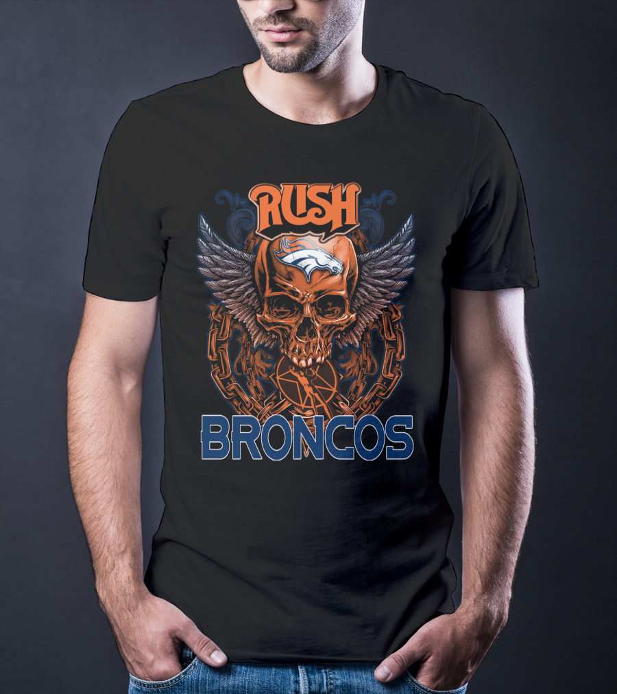 Rush Denver Broncos Skull Graphic With Wings And Chains T-Shirt