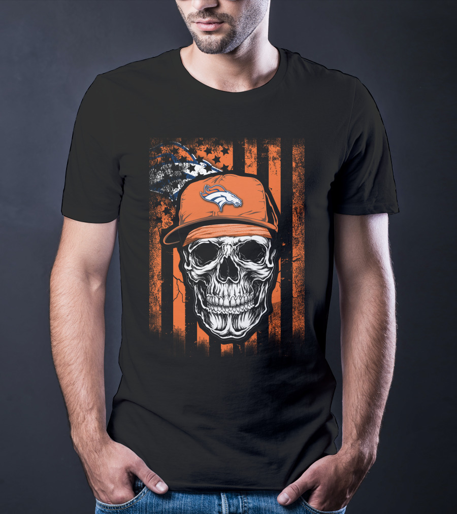 Skull Wearing Denver Broncos Cap On Grunge Orange Stripes T-Shirt
