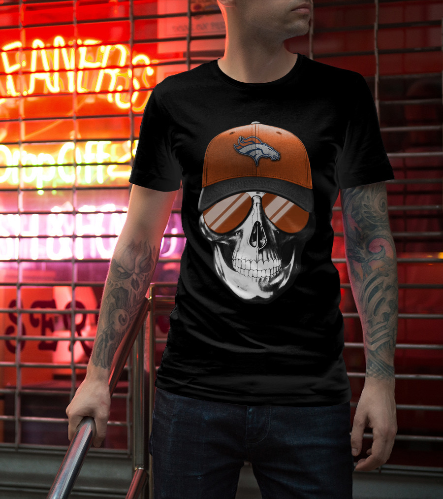 Skull Wearing Denver Broncos Hat And Sunglasses T-Shirt