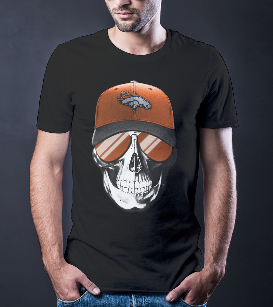 Skull Wearing Denver Broncos Hat And Sunglasses T-Shirt