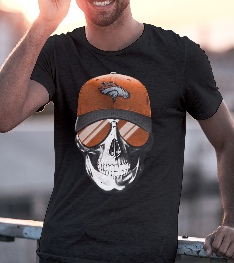 Skull Wearing Denver Broncos Hat And Sunglasses T-Shirt