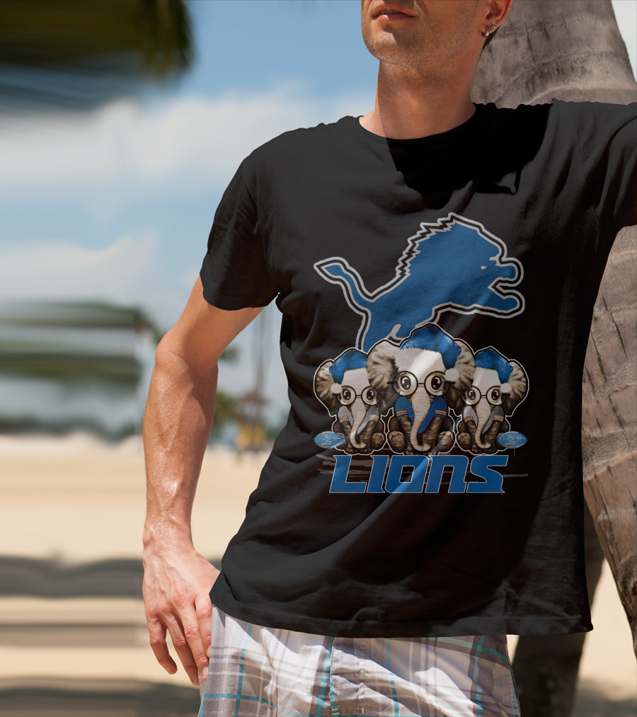 Detroit Lions Christmas Elephants With Santa Hats T-Shirt