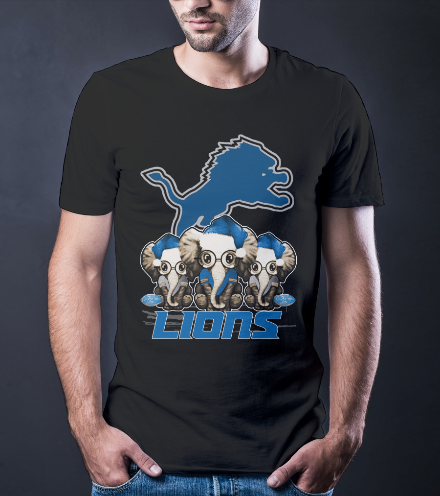 Detroit Lions Christmas Elephants With Santa Hats T-Shirt