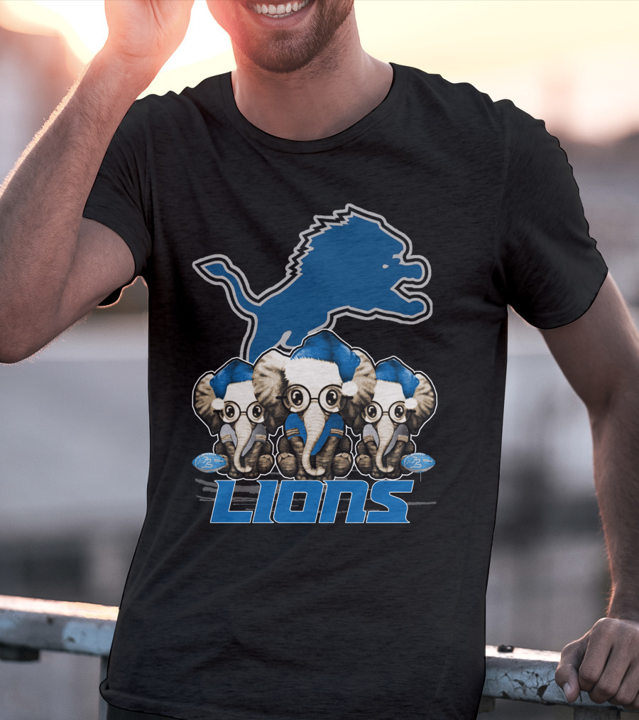 Detroit Lions Christmas Elephants With Santa Hats T-Shirt
