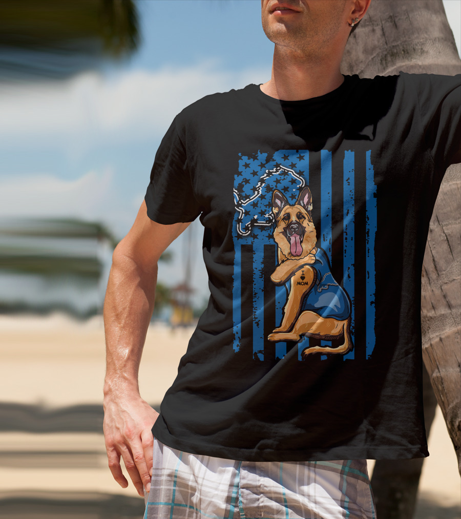 German Shepherd Wearing Detroit Lions Blue With Flag And Lion T-Shirt