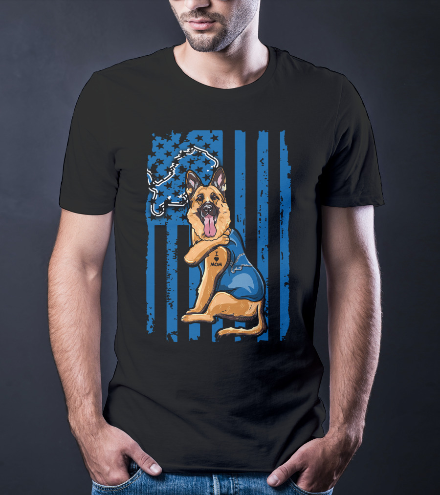 German Shepherd Wearing Detroit Lions Blue With Flag And Lion T-Shirt
