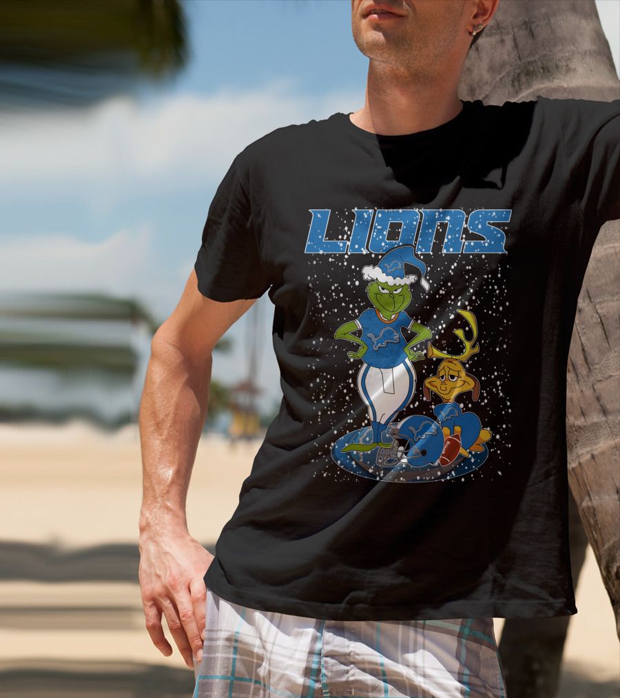 Grinchxmas Detroit Lions Snowy Holiday Characters With Blue Helmets T-Shirt