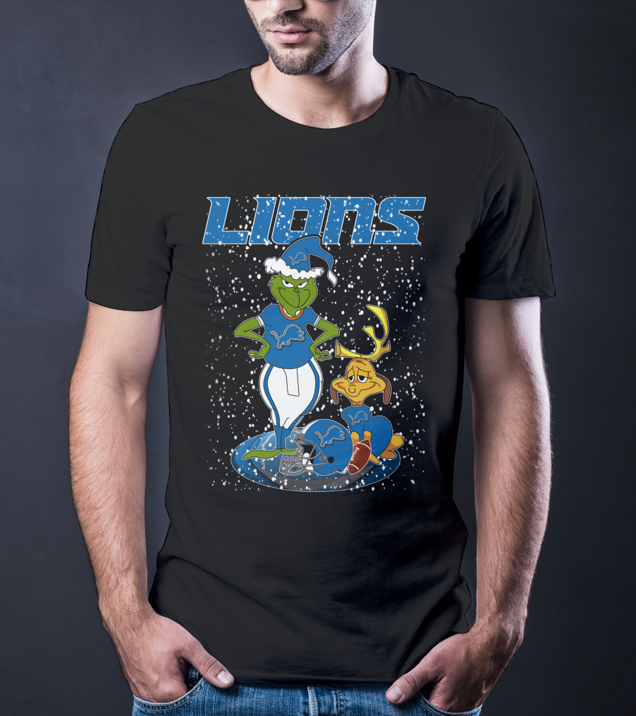 Grinchxmas Detroit Lions Snowy Holiday Characters With Blue Helmets T-Shirt