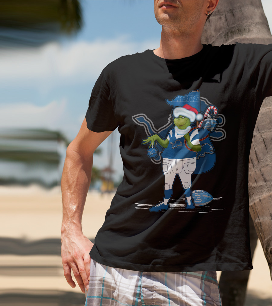 Grinchxmas Detroit Lions Santa Hat Candy Cane Football Sack T-Shirt