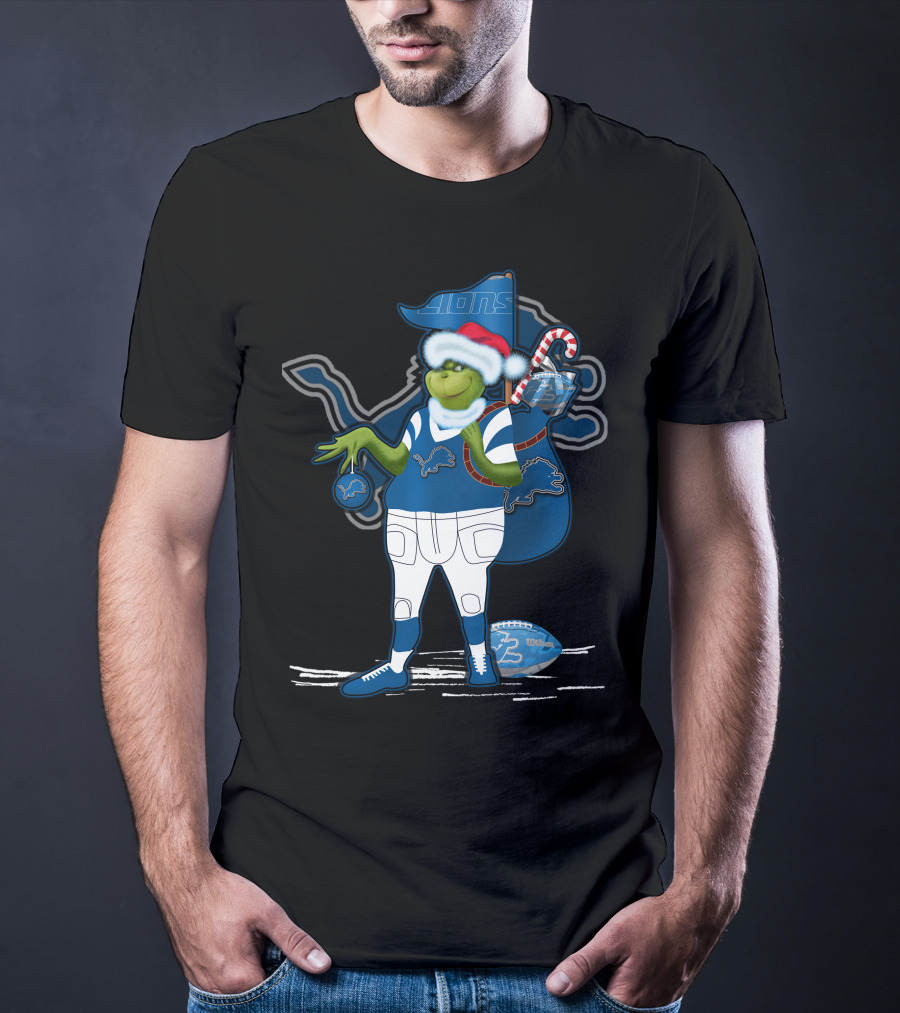 Grinchxmas Detroit Lions Santa Hat Candy Cane Football Sack T-Shirt